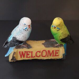 Welcome Budgie Resin Figurine with 2 Budgies Sitting on a Log Lime & White 6"